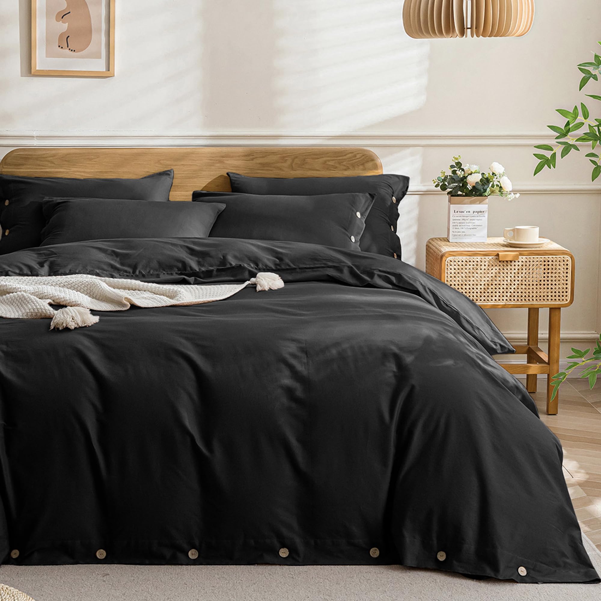 Jellymoni Black Duvet Cover Queen Size - 100% Washed Cotton Linen Like Textured Comforter Cover, 3 Pieces Breathable Soft Beddin